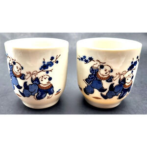 Vintage Norleans China Meito Porcelain Sake or Tea Cup Sumo Blue White Set of 2